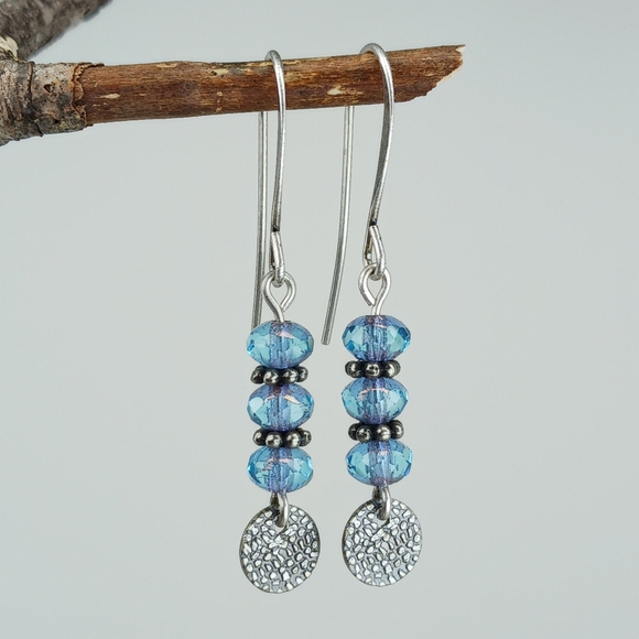 HAND CRAFTED Blue Artisan Glass Silver Rustic Minimalist Dangle Earrings - Picture 4 of 6